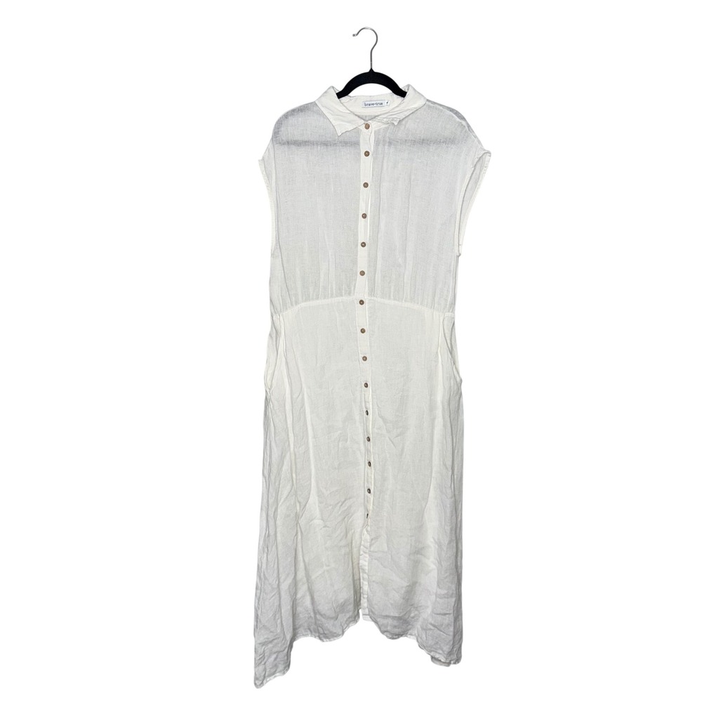 Brave+True Linen Button Down Midi Dress Womens XL White Excellent Pockets Boho‎